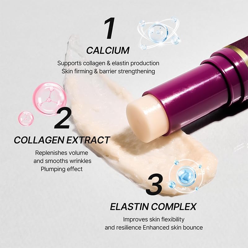 Calcium multi balm stick being applied to the neck area for firming and hydration benefits.