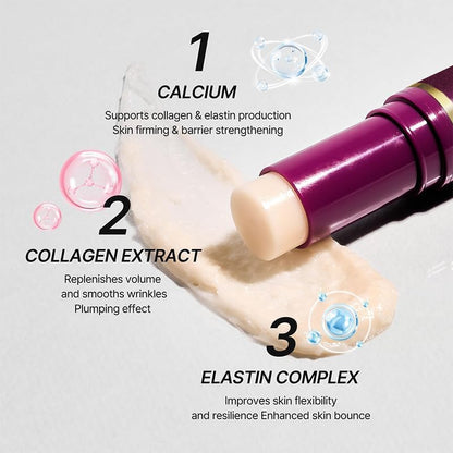 Calcium multi balm stick being applied to the neck area for firming and hydration benefits.
