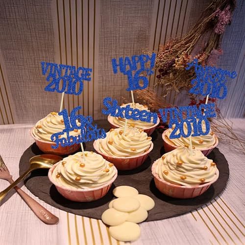 Vintage 2010 cupcake toppers displayed on party food
