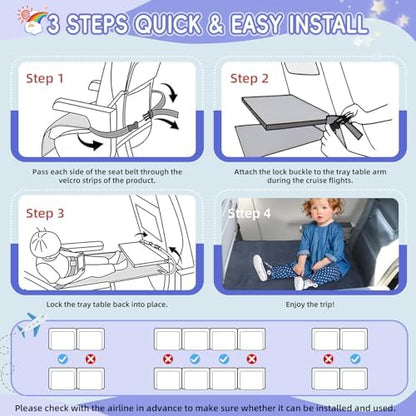 Side view demonstration of the Gocozy toddler airplane bed attached securely to the front seat tray table.