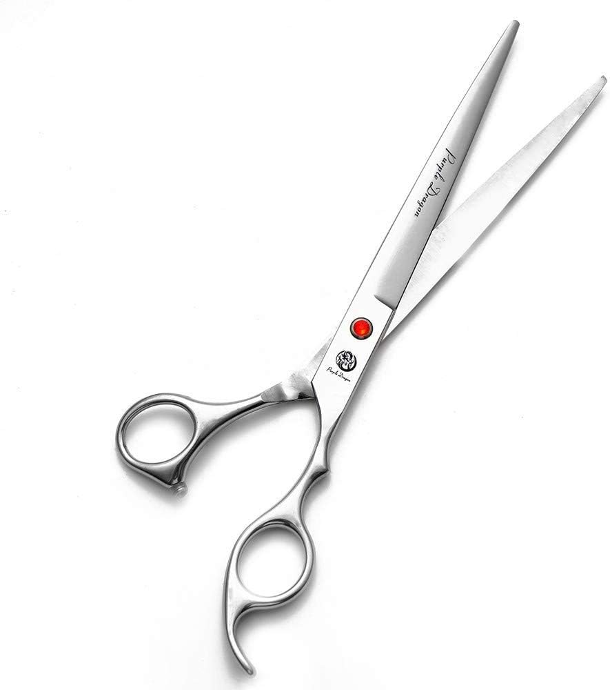 Purple Dragon pet grooming scissors inside the provided black protective carrying bag.