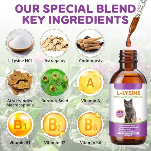 Liquid lysine cat health supplement packaging and bottle