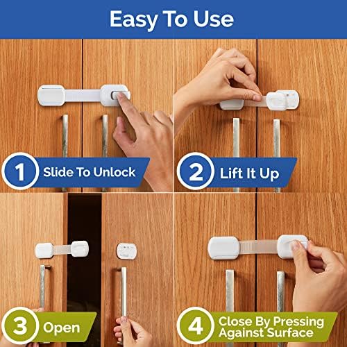 Flexible infant proofing strap lock installed on a wooden kitchen cabinet door corner showing zero drill installation.