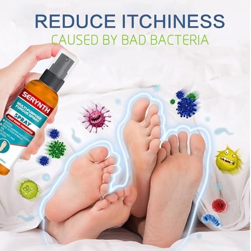 Serynth multi-purpose fungus spray being applied directly onto clean dry feet for itch relief