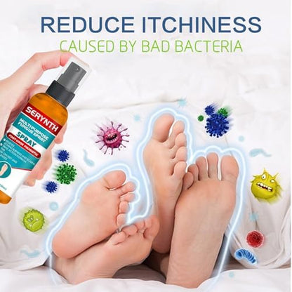 Serynth multi-purpose fungus spray being applied directly onto clean dry feet for itch relief