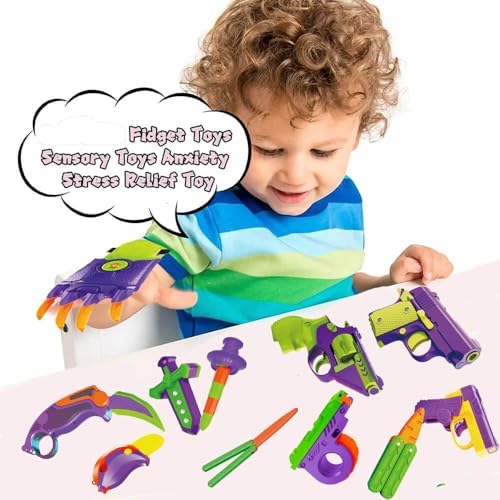 Complete package of twelve pocket sized stress relief gadgets including matching sensory knives