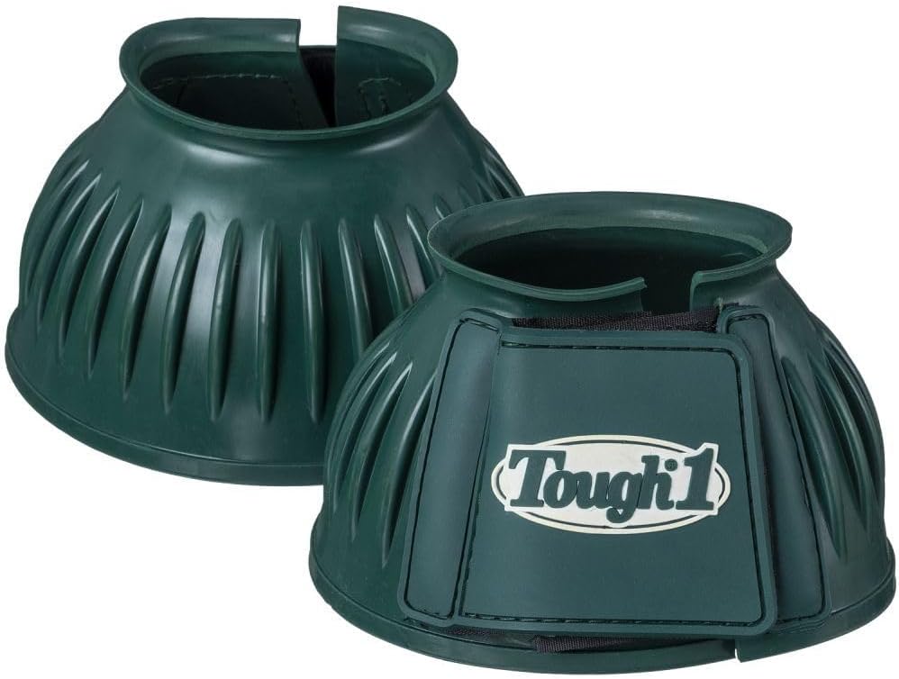 Tough 1 equestrian rubber bell boots in red color showing the double locking closure system.