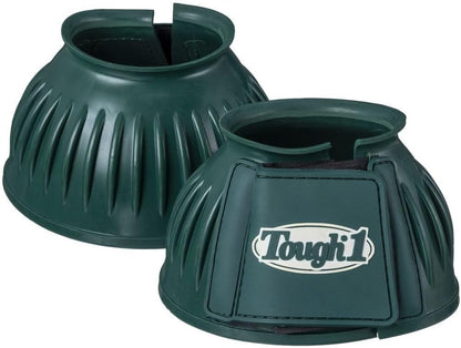 Tough 1 equestrian rubber bell boots in red color showing the double locking closure system.