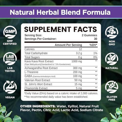 Natisland Kava Kava relaxation supplements showing sugar free and vegan labels.