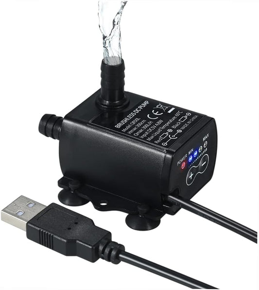 Decdeal Submersible Water Pump front view showing compact black design and USB cable connection.