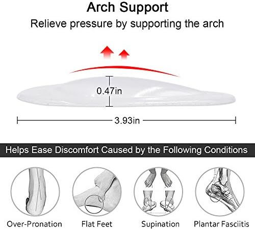 Transparent self-adhesive gel arch pads showing 0.47 inch thickness for ergonomic support.