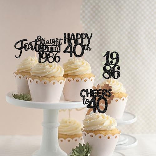 Cheers to 40 years themed black glitter cupcake toppers