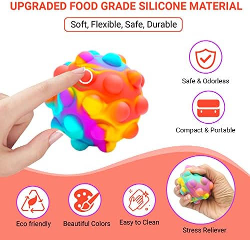 RadBizz multicolor sensory toy ball held in a hand illustrating its portable size.