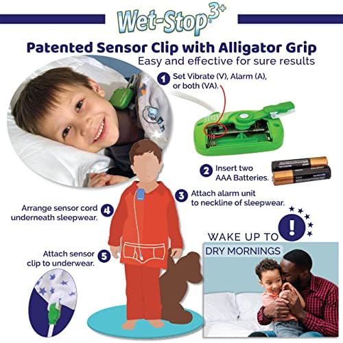 Green Wet-Stop 3 nocturnal enuresis training device with underwear sensor clip and pajama magnetic closure.