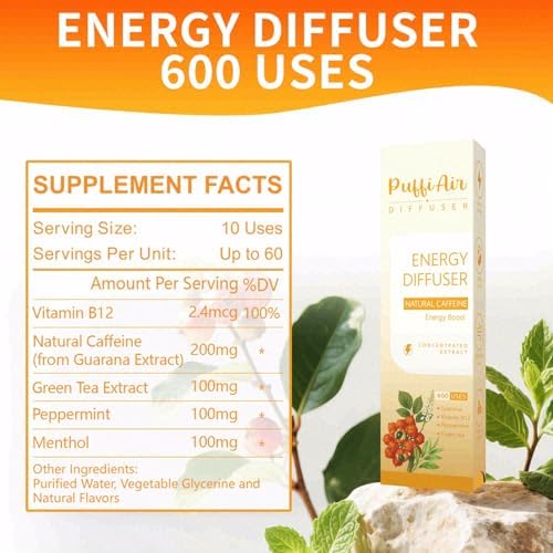 PUFFIAIR caffeine diffuser stick with Guarana and Green Tea ingredients.