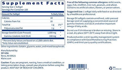 Klaire Labs premium borage oil capsules allergen free formulation overview
