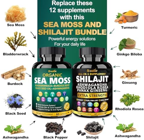 Bualle dietary supplement twin pack showing organic Irish sea moss and extra strength shilajit packaging.
