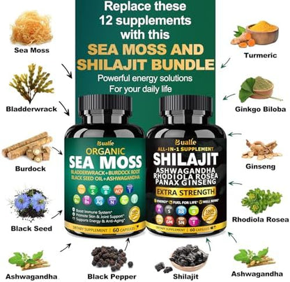 Bualle dietary supplement twin pack showing organic Irish sea moss and extra strength shilajit packaging.