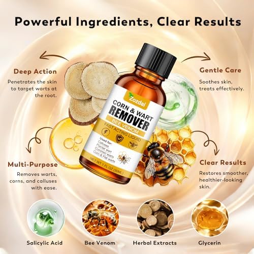 Zozdal Wart Remover liquid showing consistency and nature enhanced ingredients for skin renewal.
