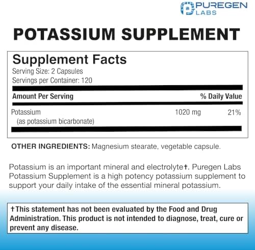 Puregen Labs Potassium Bicarbonate 240 vegetarian capsules nutritional facts label