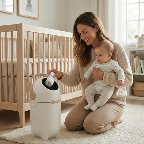 ITouchless odor-locking diaper pail showing drop-and-flip lid mechanism