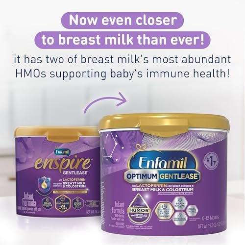 Side view of Enfamil Optimum Gentlease infant formula container detailing the nutritional values and lactoferrin immune support benefit.