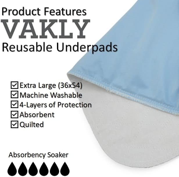 Vakly extra large incontinence bed pads spread across a queen size mattress for heavy overnight protection
