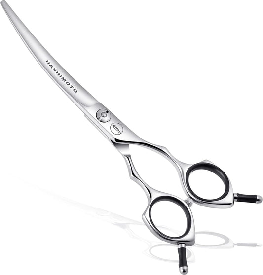 HASHIMOTO dog grooming scissors front view of 6.5 inch curved blade shears for pets