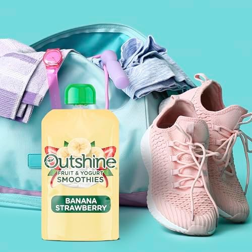 A single Outshine Banana Strawberry yogurt pouch being held to showcase its portable on-the-go size.