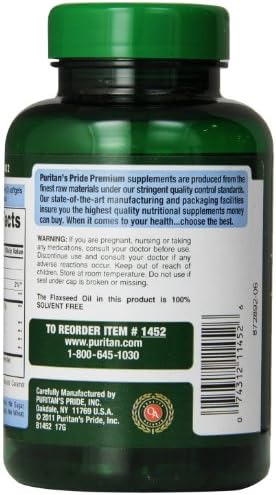 Side angle of Puritan's Pride 120 rapid release softgels containing natural flax oil