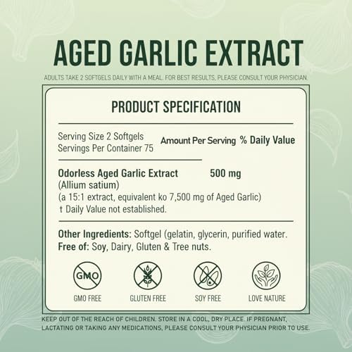 Kymezol Aged Garlic Extract bottle showcasing high potency 7500mg strength container graphic