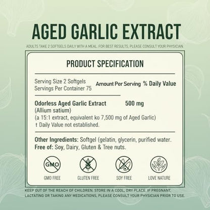 Kymezol Aged Garlic Extract bottle showcasing high potency 7500mg strength container graphic