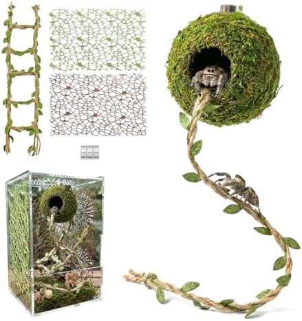 Magnetic Jumping Spider Hideout,Habitat Dcor Kit - Handmade Moss Hideout with Climbing Rope,Hemp Rope Bridge,2Pcs Climbing Web& Loose Moss,Fun Enclosure Accessories for Climbing & Hiding (4.5cm) - Image 2