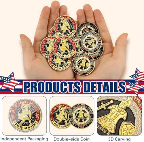 Twenty-four pieces of round metal prayer coins displayed together for church events.