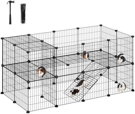 SONGMICS 36 Panels Pet Playpen, Small Animal Playpen, Rabbit Guinea Pig Cage, Zip Ties Included, Metal Wire Apartment-Style Two-Story Pet Premium Villa for Bunnies Puppies,Indoor Use, Black ULPI002B01 - Image 2