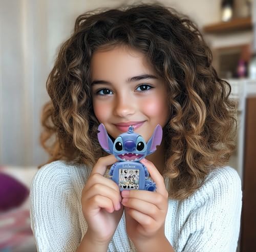 Lexibook Stitch handheld gaming device highlighting the compact travel friendly design and built in keychain loop.