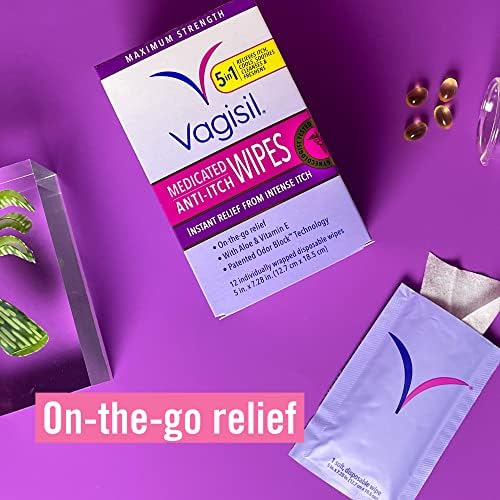 Vagisil medicated feminine wipes with aloe and vitamin E for soothing intimate skin irritation.
