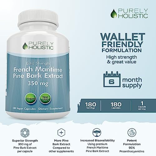 Purely Holistic French maritime pine bark supplement bottle showing 350mg dosage