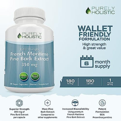 Purely Holistic French maritime pine bark supplement bottle showing 350mg dosage