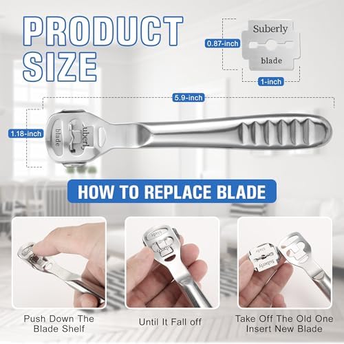 Stainless steel foot scraper with ten replacement blades for dead skin removal.