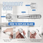 Stainless steel foot scraper with ten replacement blades for dead skin removal.