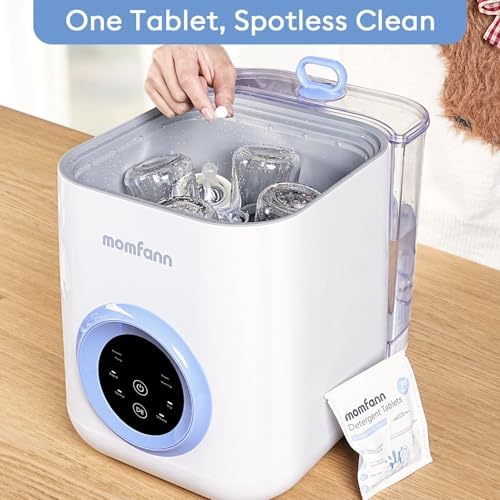 Educational graphic showing Momfann tablet compatibility with baby bottle parts
