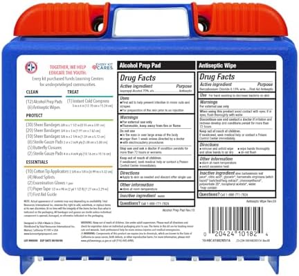 Detailed view of antiseptic wipes and bandages inside the 110 piece emergency kit