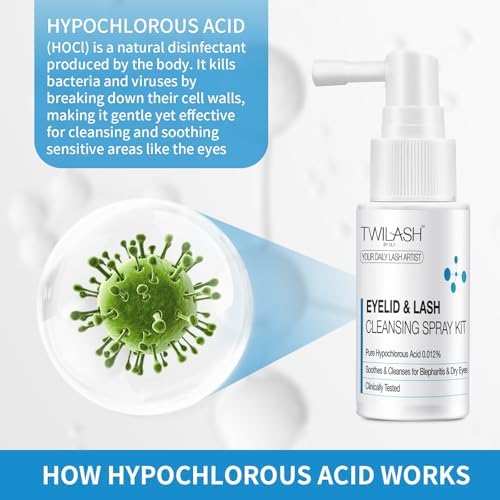 Applying TWILASH BY DLY lash spray to a cotton pad for eye cleaning.