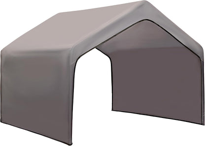 Newbro dog shade shelter gray canopy front view installed on frame outdoor