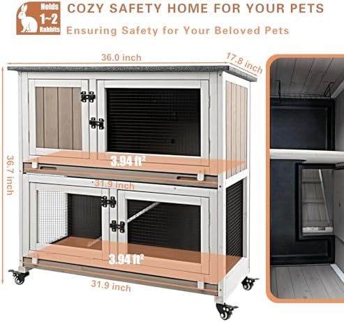 Gowoodhut 36" L Rabbit Hutch Indoor Wooden 2 Story Bunny Hutch Rabbit Cage Outdoor Bunny Cage on 4 Metal Wheels and 2 Deeper Pull Out Trays, Ramp, Guinea Pig Pet House for Small Animals, Grey - Image 3
