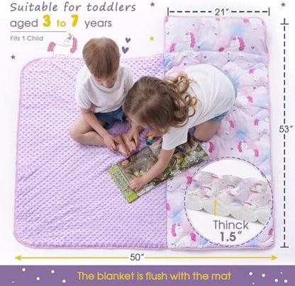 BORPRES kids sleeping mat rolled up with carrying handle and name tag visible