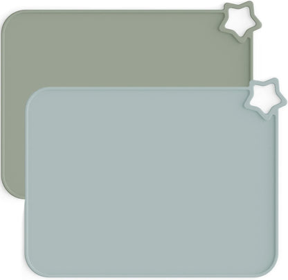 Moonkie Silicone Placemats front view showing Ether and Sage colors for toddler feeding.