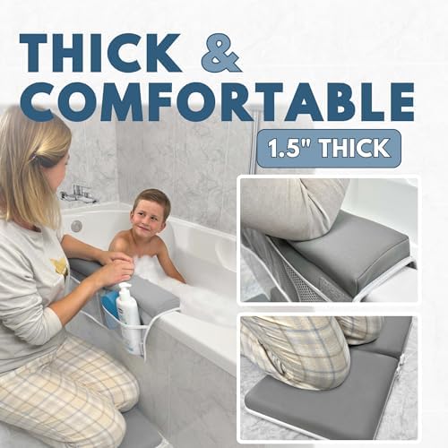 Grey neoprene bathtub knee cushion and elbow rest mat with integrated toy organizer pockets.