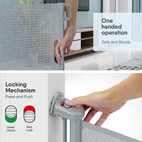 One handed locking mechanism detail on a grey safety mesh gate